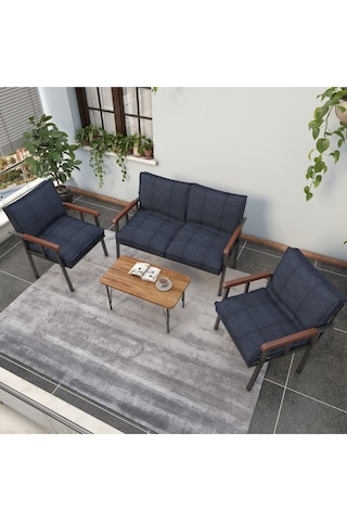 Mygusi Modern Balkon, Bahçe, Cafe - Metal Kanepe Koltuk Takımı - 2+1+1 Sehbalı Lacivert