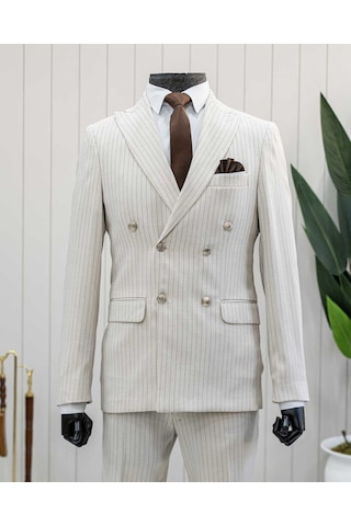 Beystil Sivri Yaka Bej Çizgili Kruvaze Takım Elbise Lecce - Slim Fit Bej