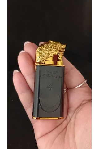 Mat Siyah Lüks Hediye Çakmak - Gold Kurt Figürlü Ay Yıldız Kabartmalı Çok Renkli