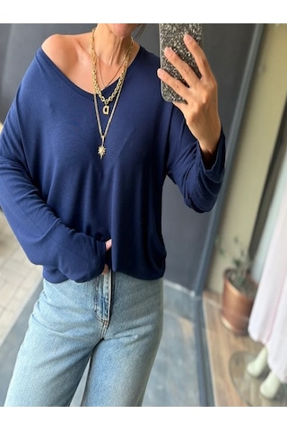 Mirve Butik V Yaka Yumoş Merserize Bluz Lacivert