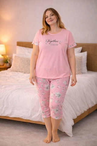 Nisanca Kadın Büyük Beden Kapri Pijama Takımı Yumuşak Dokulu, Konforlu Ev Giyimi Pudra