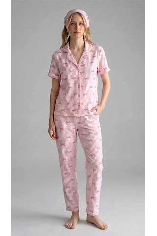 Suısy Pink Bow Pembe Fiyonk Desenli Uzun Pijama Takımı