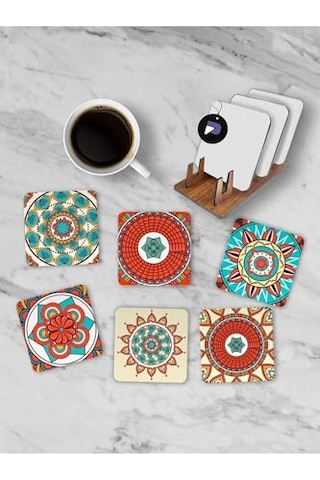 Pster21257 Etnik Mandala Desenli Standlı Ahşap Bardak Altlığı Seti, 6 Adet Baskılı Bardak Fincan Kahve Altlığ Genel