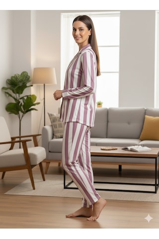 Kadın Düğmeli Pijama Takımı Mor