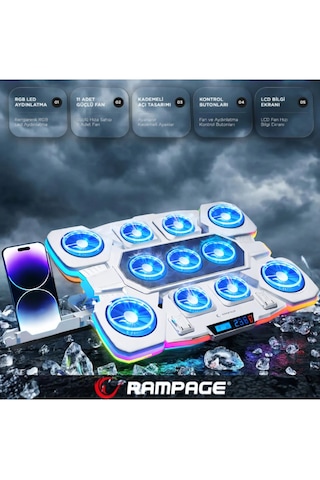 Rampage S50 Glacier Beyaz Rgb Işıklı 11 Fanlı Lcd Göstergeli 1 Type C 1 Usb Girişli Yükselebilen Notebook Soğutucu