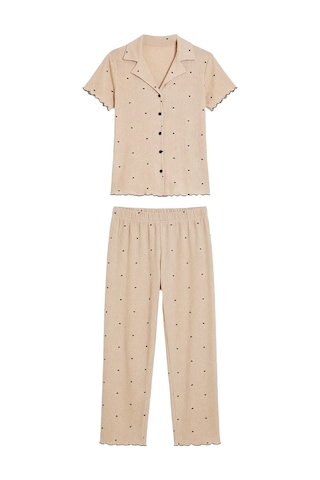 Cottonhill Vizon Kalp Desenli Pointel Gömlek Yaka Kadın Pijama Takımı