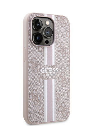 Apple Uyumlu iPhone 14 Pro Max Kılıf Guess Lisanslı Magsafe Şarj Özellikli 4g Şerit Tasarımlı Printed Kapak Pembe