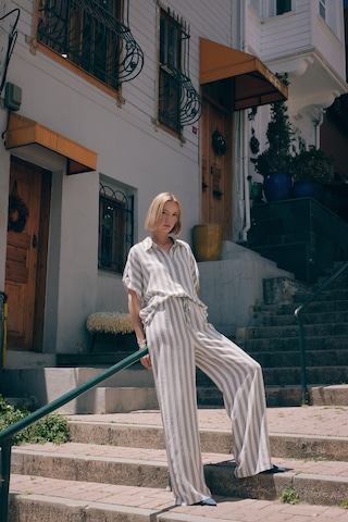 Sateen Çizgili Keten Karışımlı Pantolon - Lacivert-136316 Lacivert