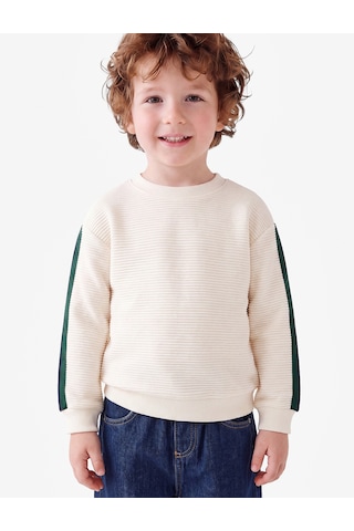Koton Pamuklu Şerit Detaylı Bisiklet Yaka Uzun Kollu Oversize Sweatshirt Ekru 7wmb10113tk
