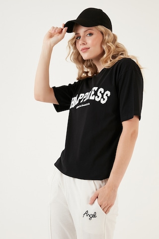 Lela Baskılı Pamuklu Oversize Bisiklet Yaka Bayan T Shirt 541Happiness Siyah