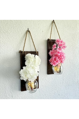 Led Işıklı, Pembe Ve Beyaz Bahardalı Çiçekli Duvar Dekoru Ceviz İkili Set Ceviz