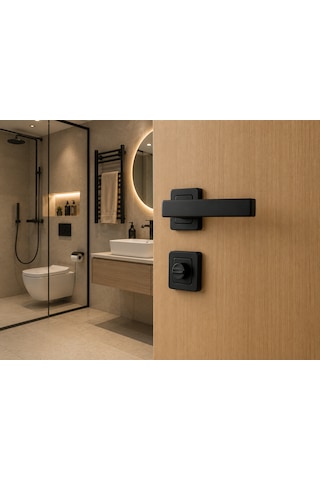 Kare Rozetli Wc Banyo Kapı Kolu Tam Set Mat Siyah 40 Mm Sessiz Kilitli Alüminyum Kol