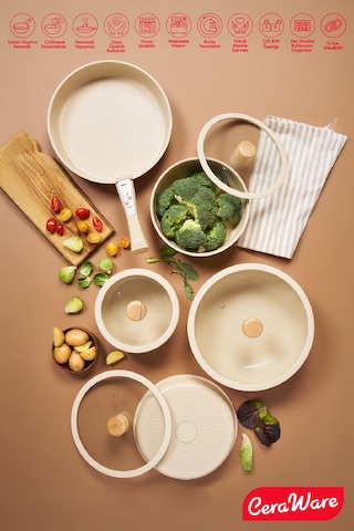 Ceraware Hona XL 14 Parça Tak Çıkar Saplı İç İçe Geçebilen Seramik Yapışmaz Tencere Tava Seti Bej