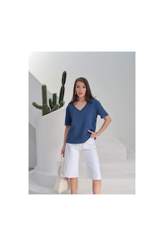 Paw Garage Kadın Massi İnterlok Kumaş V Yaka Oversize T-shirt Mavı