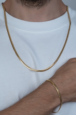 Gold Ezme Yassı Yılan Çelik Unisex Kolye Ve Bileklik Seti Eck37S