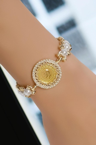 Ena İncili Çeyrekli Bileklik Sarı Altın