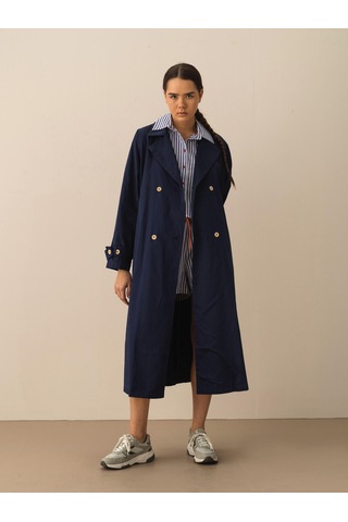 Xint Lacivert Pamuk Dokulu Oversize Trençkot 290446