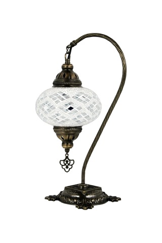 Mozaik Masa Lambası Türk Lambası Dekoratif Masa Aydınlatması Özel Tasarım Otantik Lamba Beyaz