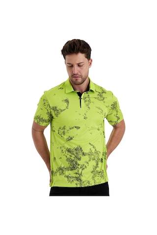 Gölge Desenli Spor Polo Yaka Erkek Kısa Kol Tişört Neon Yeşil