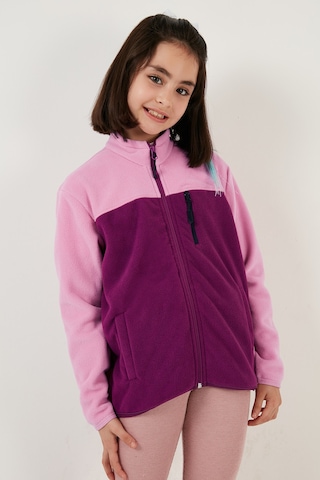 Lela Yumuşak Dokulu Fermuarlı Renk Bloklu Dik Yaka Cepli 2'Li Paket Hırka Çocuk Polar 5905001S2 Lila Siyah-Şeker Pembe Mor