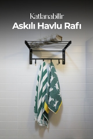 Banyo İçin Katlanabilir Askılı Havlu Rafı - 45x22 Cm - Siyah