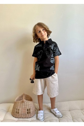 Jolly Kids Erkek Çocuk Polo Yakalı Keten Şortlu Takım Siyah