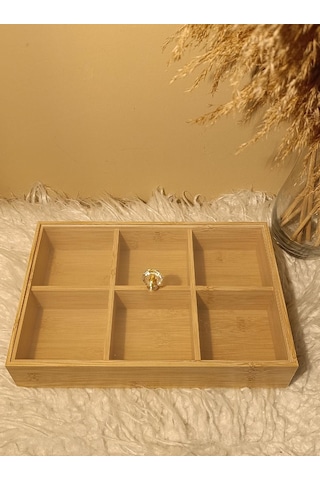 Ahşap Bambu 6 Bölmeli Kapaklı Poşet Sallama Bitki Çayı Saklama Kutusu Kabı Bambu