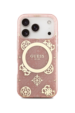 Apple iPhone Uyumlu 18 Pro Max Kılıf Guess Lisanslı M-safeli Iml Peony Ve 4g Desenli Klasik Logolu Kapak Pembe