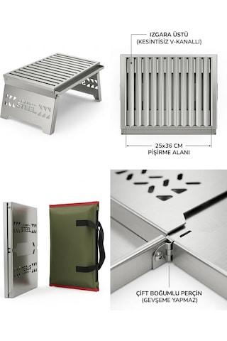Ankabey06 Campsteel Paslanmaz Çelik Katlanır Portatif Kamp Mangalı & Barbekü 25x36 Cm Aile Boyu Gri