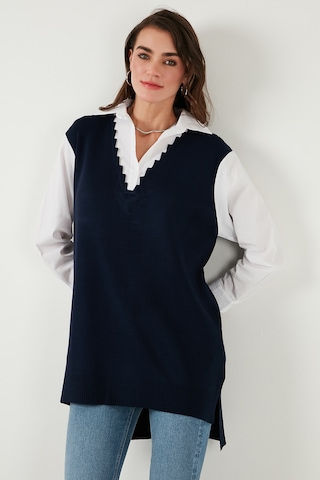 Lela Modest Standart Fit Gömlek Yaka Tesettür Triko Bayan Tunik 4612148 Lacivert