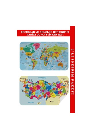 Eğitici Ve Öğretici Dünya Ve Türkiye Haritası Çocuk Odası Duvar Sticker-60x105-3882 Renkli