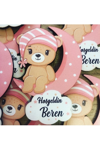 Ay Üstünde Oturan Kız Ayıcık Ahşap Baskı Magnet 50 Adet