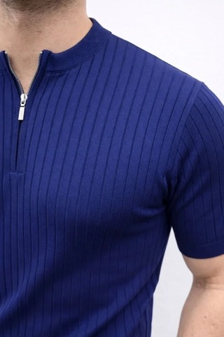 Etiler Collection Erkek Kısa Kol Fitilli Triko T-shirt Yazlık Hakim Yaka Tişört - Lacivert