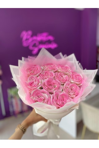 11'li Pembe Simli Solmayan Saten Gül Buketi, Sevgiliye Hediye Açık Pembe