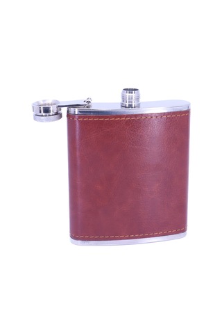 Kahverengi Deri Kaplama Paslanmaz Çelik Cep Matarası - Hip Flask 7 Oz