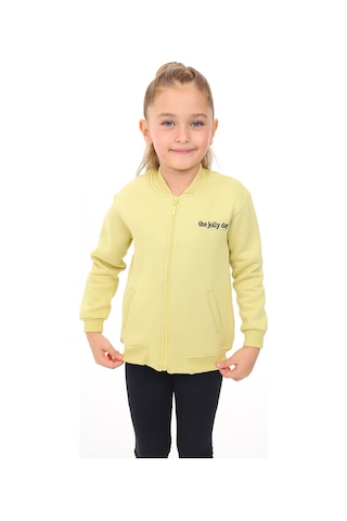 Toontoy Kız Çocuk Kolej Yaka Fermuarlı Cepli Düşük Omuz Nakış Baskılı Örme Hırka - 2 İplik Şardonlu Açık Yeşil