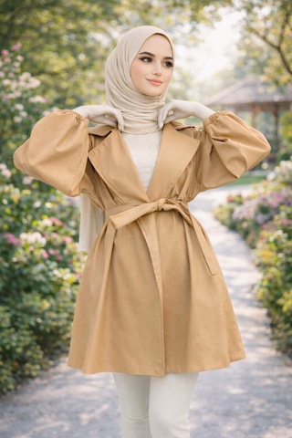 Uzak Store Kadın Tesettür Camel Trençkot Kuşaklı Rahat Kalıp Yeni Sezon Bej