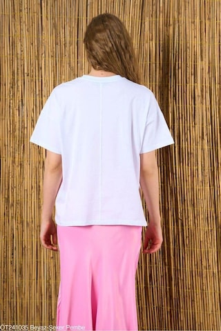 Kadın Beyaz-Pembe Love Baskılı Oversize %100 Pamuk T-Shirt