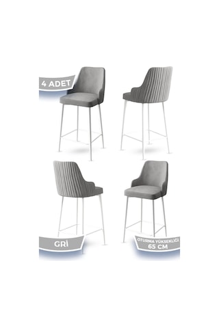 Canisa Concept Tera Serisi 4 Gri Sandalye 65 Cm Ada Mutfak Bar Sandalyesi Babyface Kumaş Beyaz Metal Ayaklı Sandalyeler Gri Ayaklar Siyah