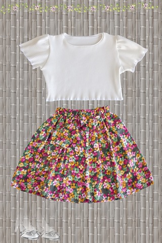 Moda59 Fitilli Crop Ve Etek Takım, Ekru Renk Modal Pamuk Crop - Pamuklu Viskon Çiçekli Etek Ekru - Kiremit