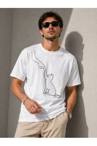 Defymoda Erkek Minimal Kedi Çizim Baskılı Tişört Kısa Kol Yazlık T-shirt - Beyaz