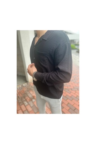 Moda Banuş Kırınkıl Kumaş Ütü İstemez Salaş Model Uzun Kol Gömlek Siyah Siyah