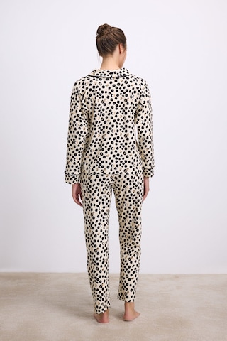 Man11550-1039 Anil Ev Giyim Anıl Kadın Uzun Kollu Gömlek Yaka Leopar Desenli %100 Pamuk Pijama Takımı 11550 Krem