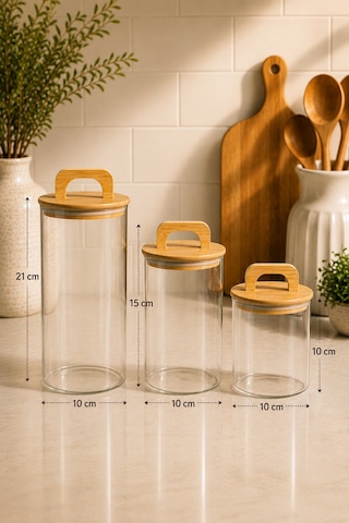 Aria - 3'lü Borosilikat Bambu Kapaklı 1300 - 900 -600 Ml Kavanoz Takımı Düz Şeffaf