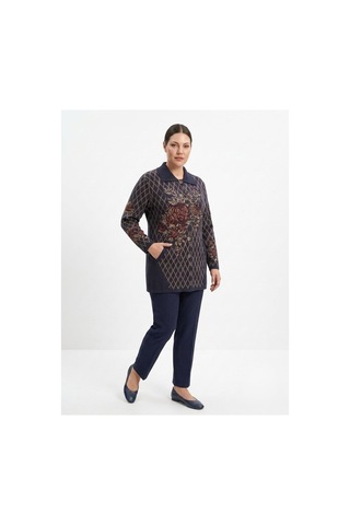 Onno Style Women Ekose Gül Pike Desenli Çelik Örgü Kadın Triko Kaban Lacivert