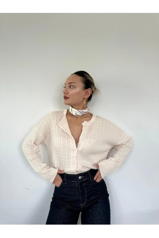 Keymoda Kadın Saç Örgülü Hırka Krem Krem