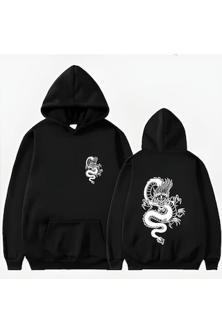 Startmore Ejder Basklı Kapüşonlu Sweat Siyah