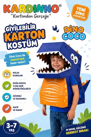 Kardinno Dino Coco Eğitici Oyuncak Karton Giyilebilir Çocuk Kostümü Etkinlik Parti Kostümü Mavi