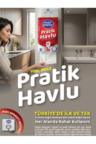 Mavi Beyaz Pratik Havlu 500 Yaprak - Yeni Nesil Çok Amaçlı Kağıt Havlu Asma Aparatı Hediyeli - 4 Adet