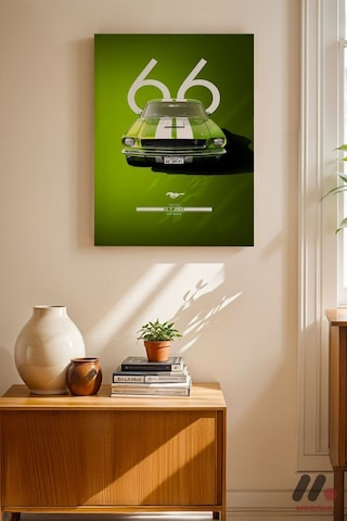 Ford Mustang 1966 Yeşil Poster, Çerçevesiz Yüksek Kalite Duvar Afişi - Oto Severlere Özel Hediye